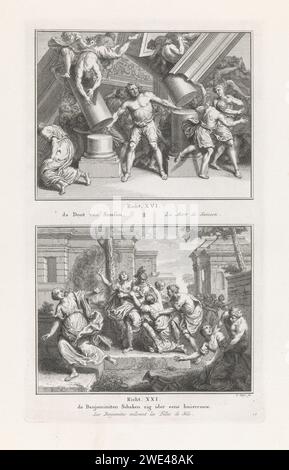 La mort de Simson / les échecs Benjaminites les femmes de Silo, Pieter Tanjé, 1791 imprimer deux représentations bibliques. Ci-dessus : Simson détruit les colonnes du Temple Philistin avec ses dernières forces et se tue ainsi que les Philistins présents. Ci-dessous : les hommes du Benjamin Roven les femmes de Silo. Parmi les performances, une référence aux textes bibliques et aux titres en néerlandais et en français. Amsterdam gravure sur papier Samson brise les piliers ; le temple de Dagon s'effondre, tuant tout ce qui s'y trouve. Les Benjamites prennent pour eux des femmes parmi les filles dansantes de Siloh Banque D'Images