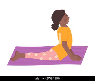 Petite fille africaine en posture d'étirement. Enfants pratiquant le sport de yoga, illustration vectorielle de dessin animé de style de vie sain Illustration de Vecteur