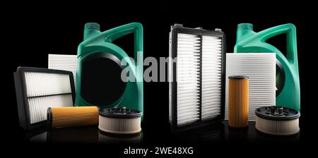 Huile moteur de voiture et filtres isolés sur fond noir. Huile de voiture, air, filtres à carburant et huile de moteur dans la boîte en plastique isolé. Pièces de rechange de qualité pour voiture Banque D'Images