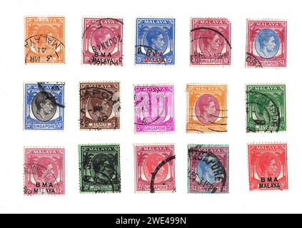 Timbres-poste vintage de Malaisie représentant un portrait du roi George VI isolé sur fond blanc. Banque D'Images