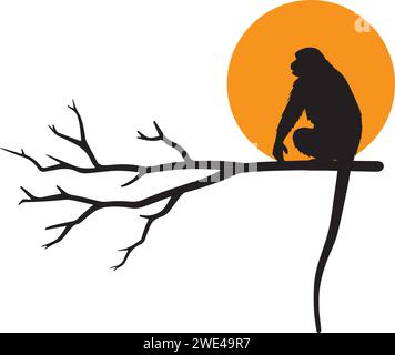 Silhouette de singe sur branche au coucher du soleil, illustration vectorielle isolée sur fond blanc. Design d'art minimaliste Illustration de Vecteur