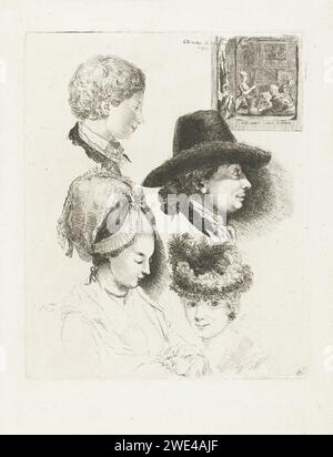 Feuille d'étude avec des portraits de Louis Bernard Coclers et de sa famille, Louis Bernard Coclers, tirage 1780 Portrait buste de Louis Bernard Coclers avec chapeau noir à droite. Leiden papier gravure de l'artiste et sa famille, parents, etc (+ portrait, autoportrait de l'artiste). impression, par exemple : gravure, gravure, lithographie Banque D'Images