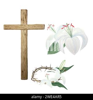 Aquarelle en bois croix couronne d'épines et de lys pour Pâques, jeudi Saint, illustration religieuse isolée sur blanc Banque D'Images