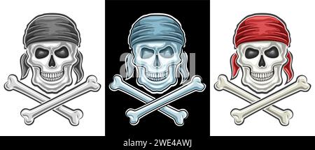 Vector Pirate Skull Set, collection de badges décoratifs avec illustration de divers crânes en bandana et en os croisés, crânes de conception rétro de dessin animé fo Illustration de Vecteur