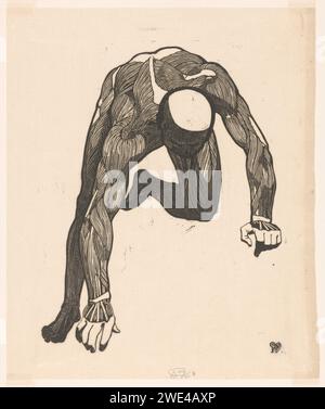 Etude anatomique des muscles du cou, des bras et des jambes d'un homme, Reijer Stolk, 1906- 1945 print l'homme est penché, appuyé sur sa main gauche et son genou gauche. Pays-Bas papier japonais (papier fait main) modèle anatomique des muscles, muscle-man, 'Ã©corchÃ©' Banque D'Images