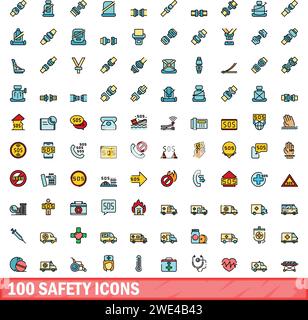 100 icônes de sécurité définies. Ligne de couleur jeu d'icônes de vecteur de sécurité ligne fine couleur plate sur blanc Illustration de Vecteur