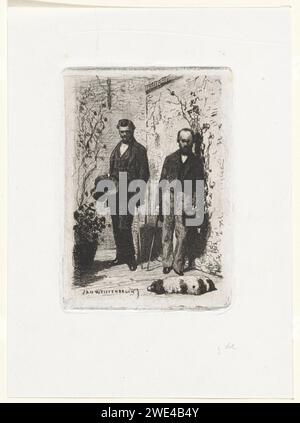 Autoportrait avec Frederik Hendrik Weissenbruch, Jan Weissenbruch, 1837 - 1880 imprimer l'artiste Frederik Hendrik Weissenbruch (à gauche) et son frère Jan Weissenbruch (à droite) se tiennent près d'un mur. Ils tiennent tous les deux un bâton et un chapeau haut de gamme. Un chien dort devant eux. Le journal de la Haye. gravure portrait, autoportrait de l'artiste. chien. homme adulte. plantes ; végétation Banque D'Images