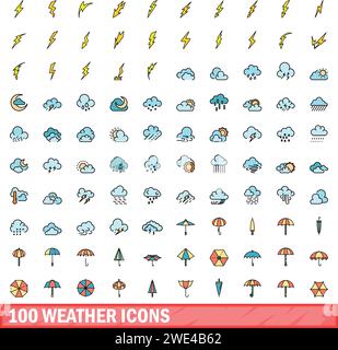 100 icônes météo définies. Ligne de couleur ensemble d'icônes de vecteur météo couleur de ligne mince plat sur blanc Illustration de Vecteur