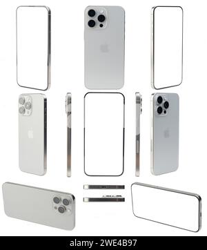 New York, USA - 20 janvier 2024 : différentes vues de ne Apple iPhone 15 pro max sur fond studio blanc Banque D'Images