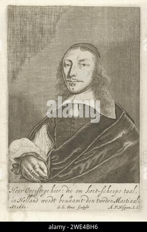 Portrait de Cornelis van Overstege, Gerrit Gerritsz van Fenaem, 1661 tirage Portrait du poète Dortse Cornelis van Overstege. Il est représenté avec un couvre-chef, un col blanc plat et une cape. Sous le portrait un verset néerlandais de deux lignes. Imprimeur : gravure sur papier Dordrechtpays-Bas Banque D'Images