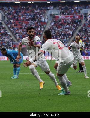 Al Khor, Qatar. 23 janvier 2024. AL KHOR, QATAR - 23 JANVIER : Omar Khribin, Kharbin de Syrie célèbre après avoir marqué un but en marquant un but lors du match de la coupe d'Asie AFC Groupe B entre la Syrie et l'Inde au stade Al Bayt le 23 janvier 2024 à Al Khor, Qatar. Photo SFSI crédit : Sebo47/Alamy Live News Banque D'Images