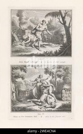 Caïn fuir après le meurtre d'Abel / Adam et Eva, Abel, Pieter Tanjé, 1791 imprimer deux représentations bibliques. A l'étage : Caïn, avec la chauve-souris à la main, s'enfuit après avoir tué son frère Abel. Ci-dessous : Adam et Eva leur fils Abel. Parmi les performances, une référence aux textes bibliques et aux titres en néerlandais et en français. Amsterdam gravure sur papier / gravure la mort d'Abel. Adam et Ève découvrent le cadavre d'Abel et pleurent dessus Banque D'Images