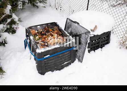 Montrer le bac à compost ouvert avec des déchets biologiques à l'intérieur, à l'extérieur en hiver, par temps froid enneigé. Banque D'Images