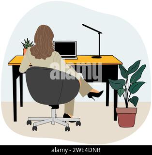 Femme d'affaires assise à la vue arrière du bureau. Illustration de Vecteur