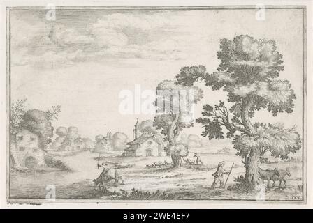 Paysage fluvial avec bergers, Ercole Bazicaluva, 1615 - 1666 imprimer Paysage fluvial avec un homme qui laisse son cheval boire à la rivière. En arrière-plan un berger avec un troupeau de moutons derrière un arbre. A droite un berger avec deux vaches sous un arbre. Italie papier gravure des paysages. troupeaux, bergers, bergers, bergers, bergers, bergers, vache, etc. troupeau, troupeau Banque D'Images