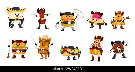 Personnages de cow-boy et ranger, bandit et shérif de dessin animé. Vector frites, bouteille de ketchup, nachos, beignet et hamburger. Tranches de pizza, tasse à café, cheesecake et Taco Wild West personnages Illustration de Vecteur