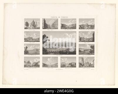 Vue de Turin, Caroline Lose, 1794 - 1830 imprimer texte en italien dans les marges. Treize représentations de lieux bien connus dans et autour de Turin. Malib papier gravure carré, lieu, cirque, etc. pont. Église catholique romaine Turin. Poésie Banque D'Images