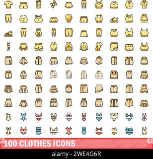 ensemble de 100 icônes de vêtements. Ligne de couleur ensemble d'icônes vectorielles de vêtements couleur fine ligne à plat sur blanc Illustration de Vecteur
