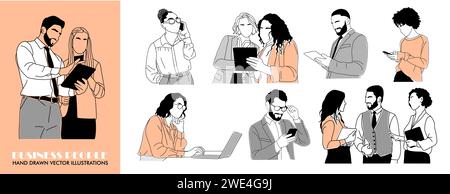 Ensemble de professionnels travaillant avec des périphériques. Illustration de Vecteur