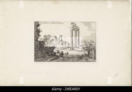 Temple de Castor et Pollux et Basilique de Constantijn, Claes Jansz. Visscher (II), d'après Willem van Nieulandt (II), 1618 print vue du temple de Castor et Pollux et de la basilique de Constantijn sur le forum Romanum à Rome. Au premier plan quelques chiffres. Amsterdam temple de gravure de papier, sanctuaire  religion romaine. Bains publics Temple de Castor et Pollux (Rome). Basilique de Maxence Banque D'Images