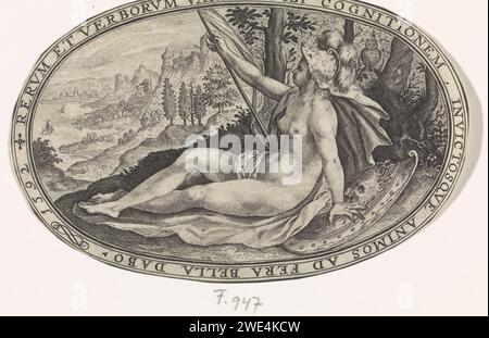 Minerva, Crispijn van de passe (I), 1592 print Paysage avec Minerve et le hibou comme symbole de sagesse. Minerva porte un chapeau panache, tient une fusée et se penche sur son Aegis (bouclier avec la tête de méduse). Dans le cadre un script de bord en latin qui se réfère au rôle que Minerve a joué dans l'opinion de Paris. Elle est l'une des trois déesses qui ont dû juger Paris et lui ont offert la victoire dans le combat. Imprimer à partir d'une série de six avec des dieux et des déesses. Gravure sur papier Cologne (histoire de) Minerva (Pallas, Athéna) Banque D'Images