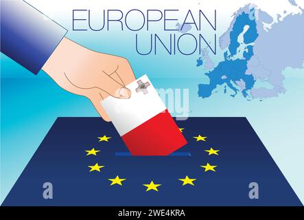 Union européenne, salle de vote, élections au Parlement européen, drapeau et carte de Malte, illustration vectorielle Illustration de Vecteur