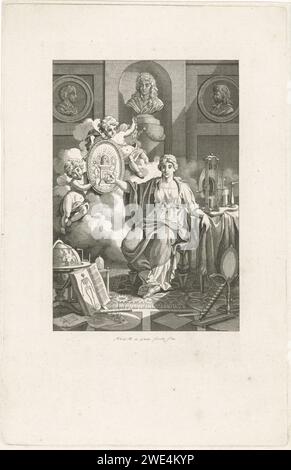 Physique dans la société Felix Meritis, 1789, Noah van der Meer (II), d'après Jacques Kuyper, 1789 - 1790 imprimer allégorie de la physique pratiquée dans la société Felix Meritis à Amsterdam. Personnification de la physique assis à côté d'une table avec une machine électrique. Au sol, un globe terrestre, des livres sur l'anatomie et d'autres instruments physiques. Sur le mur un buste de Christiaan Huygens et des portraits de médaillons de Newton et Descartes. À l'occasion de l'initiation des 'Schouplaats pour le département de Natuurlunde' le 20 novembre 1789. Amsterdam papier gravure / gravure physique (+ outils, instruments ; travail Banque D'Images