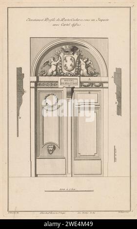 Poort aux armoiries couronnées, Pierre Gabriel Berthault, d'après juste Nathan François Boucher, 1752 - 1794 print conception et profils d'une porte de calèche à dessus-de-porte semi-circulaire avec deux sirènes ailées de chaque côté d'une armoirie couronnée avec des lions. Au-dessus de la porte un panneau avec le texte Hôtel de Beauvreau. Paris gravure sur papier / gravure porte monumentale, porche, 'aediculum'. Merman - AA - sirène, sirène. roulement armorial, héraldique Banque D'Images