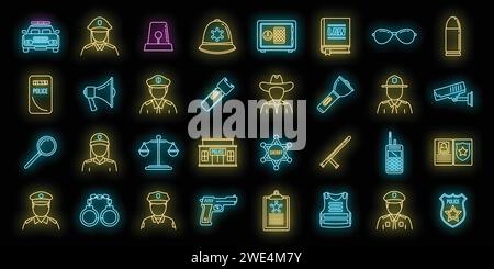 Icônes de police de garde définies. Contour ensemble d'icônes vectorielles de policier de garde couleur néon sur noir Illustration de Vecteur