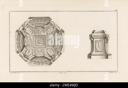 Plafond à Vetstuk, Berthault, Jacques-François Chéreau, d'après Jean Charles Delafosse, 1771 impression à gauche d'un plafond rond orné de quatre médaillons ovales avec portraits et profil et d'une rosette au milieu. A droite un piédestal orné avec un médaillon ovale avec un portrait avec casque et profil. Paris papier gravure / gravure (décoré) plafond. piédestal d'un morceau de sculpture (peut-être sous la forme d'un herm) Banque D'Images