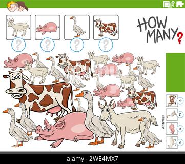 Illustration de dessin animé de l'activité éducative de comptage avec des personnages d'animaux de ferme comiques Illustration de Vecteur
