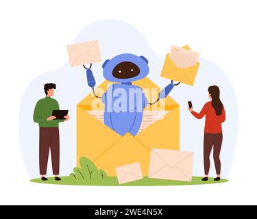 Service de courrier automatisé avec IA, assistance numérique. Personnage de robot de l'enveloppe ouverte contenant des lettres de marketing de boîte de réception et des messages de notification pour l'illustration vectorielle de dessin animé de personnes minuscules Illustration de Vecteur