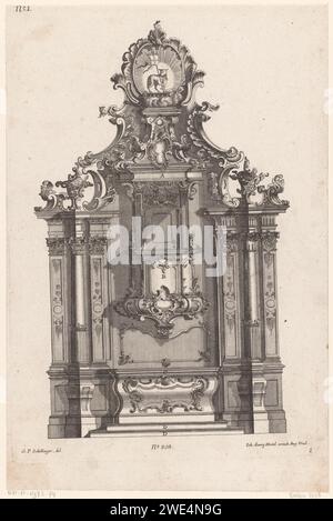 Autel de hasard avec agneau et livre avec les sept timbres, Anonyme, d'après Georg Peter Schillinger, 1705 - 1775 impression Un autel de chaire avec des colonnes, des ornements rocaille et deux vases. L'agneau avec le livre avec les sept timbres dans une couronne de jet a attribué le tout. Numéro de publication 208. Autel de gravure / gravure sur papier d'Augsburg. chaire, ambo, choeur. La vision de l'Agneau et le livre avec les sept sceaux Banque D'Images