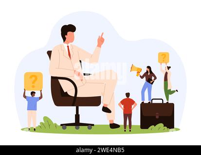 Comportement égoïste et arrogant du patron dans la communication avec les employés. Grand homme d'affaires assis dans la chaise en face de petites personnes tenant mégaphone et des signes avec des points d'interrogation illustration vectorielle de dessin animé Illustration de Vecteur