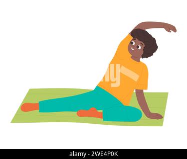 Petit garçon africain en posture d'étirement. Enfants pratiquant le sport de yoga, illustration vectorielle de dessin animé de style de vie sain Illustration de Vecteur