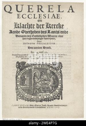 Vignette de titre pour : Ireneus Philaletius, Querela Ecclesiae. Des gouvernements Kercke Aende des Landts, 1617, Philips Serwouters, 1617 imprimer Christ est assis avec deux disciples à la table dans le village d'Emmaus. Imprimeur : Netherlandspublisher : vignette d'impression typographique en papier Amsterdam. Le souper à Emmaus : Christ est reconnu en bénissant ou en brisant le pain Banque D'Images