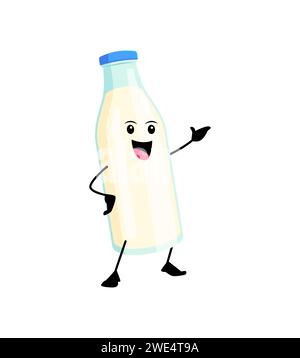 Personnage de petit-déjeuner de bouteille de lait joyeux de dessin animé. Vecteur isolé kéfir ou produit laitier crème mignon personnage gestant avec la main. Babeurre naturel frais en flacon en verre avec couvercle, boisson ferme saine Illustration de Vecteur