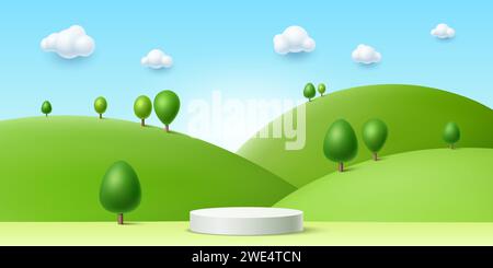 podium enfant d'été 3d avec herbe verte et arbres. Arrière-plan de rendu vectoriel dans un style enfantin mignon avec scène ronde ou piédestal au paysage estival lumineux, collines et prairie sous un ciel nuageux bleu Illustration de Vecteur