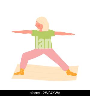 Petite fille dans la pose de yoga étirable. Enfants pratiquant le sport de yoga, illustration vectorielle de dessin animé de style de vie sain pour enfants Illustration de Vecteur