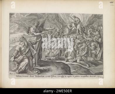 Première vision d'Esdras : le fils de Dieu couronne la foule, 1643 print Esdras est au premier plan à droite et est pointé par un ange pour une vision. Esdras voit le fils de Dieu sur le mont Sion, qui éloigne le peuple et honore ses branches de palmier. Sous la performance une référence en latin au texte apocryphe de la Bible dans 4 Esdras 2:42. Ce tirage fait partie d'un album. Amsterdam gravure sur papier d'autres scènes d'Ezra et Esdras Banque D'Images