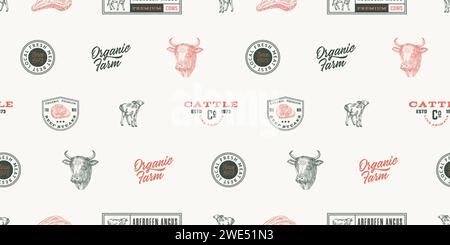 Vaches dessinées à la main illustrations et Typographie Lettering Vector fond sans couture motif viande de boeuf steaks et bovins produits agricoles Fiche de croquis Illustration de Vecteur