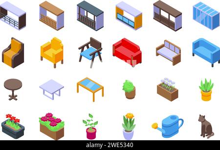 Les icônes intérieures de véranda définissent le vecteur isométrique. Balcon de jardin. Vue sur la maison Illustration de Vecteur