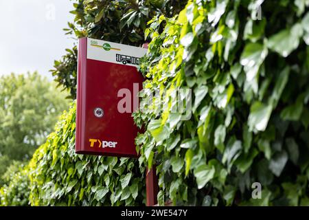 BOLOGNE, ITALIE - 20 AVRIL 2022 : arrêt de bus de la compagnie de transport public Tper Bologna overgron par lierre Banque D'Images