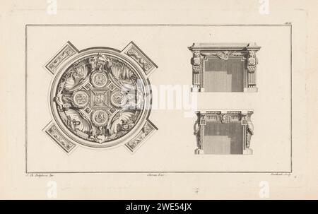 Plafond Haarden twee, Berthault, Jacques-François Chéreau, d'après Jean Charles Delafosse, 1771 impression à gauche d'un plafond rond orné de motifs coquillages, quatre médaillons et torches. Sur la droite deux cheminées avec des têtes de lion et des vases. Paris papier gravure / gravure (décoré) plafond. foyer ouvert, cheminée Banque D'Images