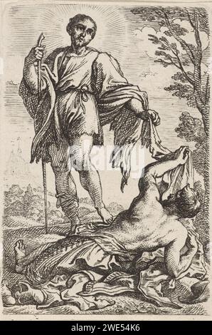 H. Martinus van Tours, Cornelis Schut (I), 1618 - 1655 tirage Saint Martin donne la moitié de son manteau coupé par lui en deux au mendiant couché sur le sol. Martinus est pieds nus. Gravure de papier Martin(US), évêque de Tours ; attributs possibles : mendiant, oie - aspects spécifiques  saint mâle Banque D'Images