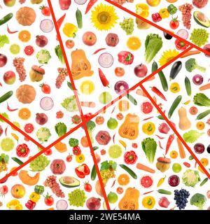 Beau motif fruits, légumes et baies multicolores sains séparés par des lignes rouges. Banque D'Images