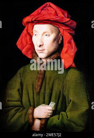 Jan van Eyck peinture ; 'Portrait d'un homme avec un chaperon rouge' (capuche) ; 1435-40, peut-être Giovanni di Nicolao Arnolfini ; peinture néerlandaise des débuts Banque D'Images