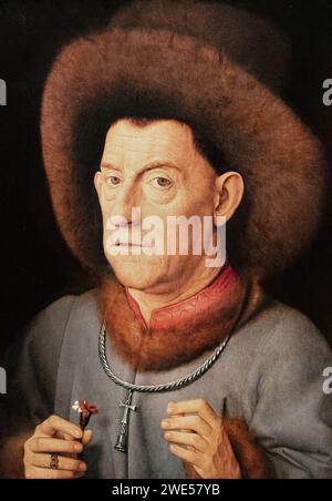 Copie d'après une peinture de Jan van Eyck ; 'l'homme aux rosess' c. 1520. Portrait d'un homme avec des fleurs, Une variation ultérieure sur une peinture perdue de Van Eyck. Banque D'Images