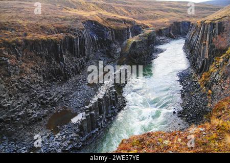 Colonnes rocheuses basaltiques et rivière glaciaire au canyon Studlagil, Jokuldalur, Islande orientale Banque D'Images