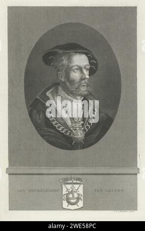 Portrait de Jan van Leiden, Jan Frederik Christiaan Reckleben, d'après Heinrich Aldegrever, 1847 - 1849 print Portrait de Jan Beukelszoon van Leiden, leader du backlower radical et nommé par lui-même roi des ré-acheteurs à Münster. Dans la marge son nom et son écusson de famille. Amsterdam gravure sur papier / gravure Münster Banque D'Images